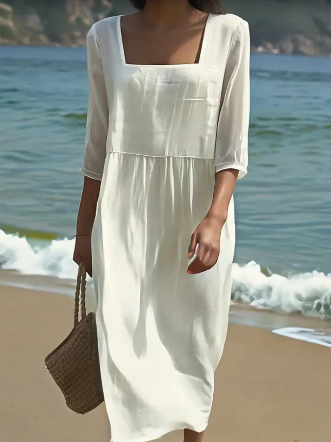 Women's Casual Solid Color Cotton and Linen Square Neck Mid Sleeve Dress