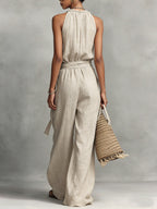 Women's Solid Color V-neck Sleeveless Casual Loose Wide-leg Jumpsuit