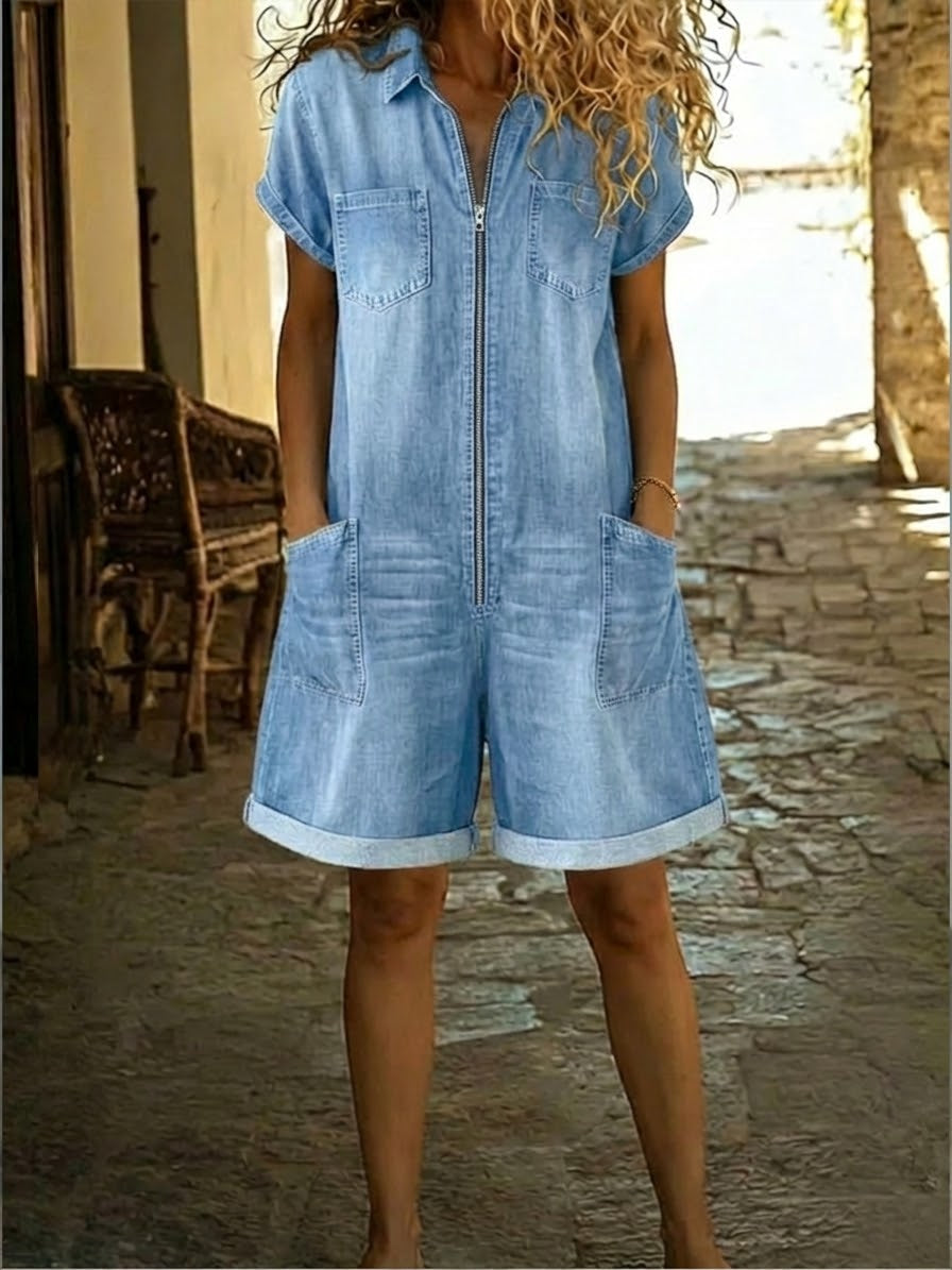Casual Zip-up Denim Jumpsuit Shorts