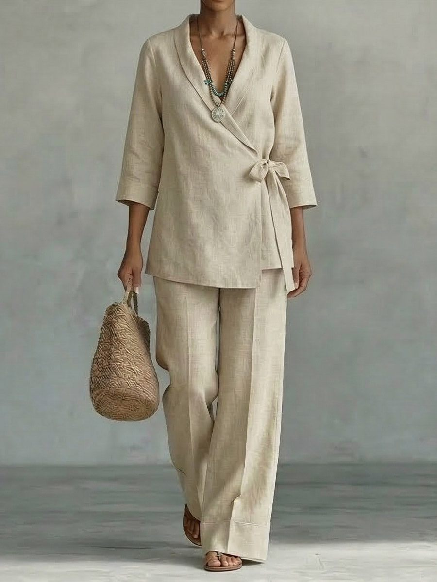 Cotton Linen V-neck Tie-front Top And Casual Trousers Set