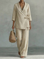 Cotton Linen V-neck Tie-front Top And Casual Trousers Set
