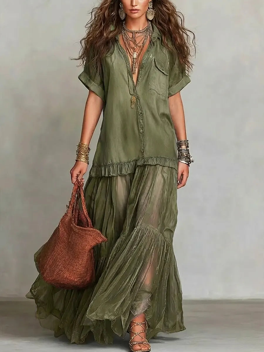 Women's Retro Lapel Denim Organza Patchwork Art Casual Maxi Dress