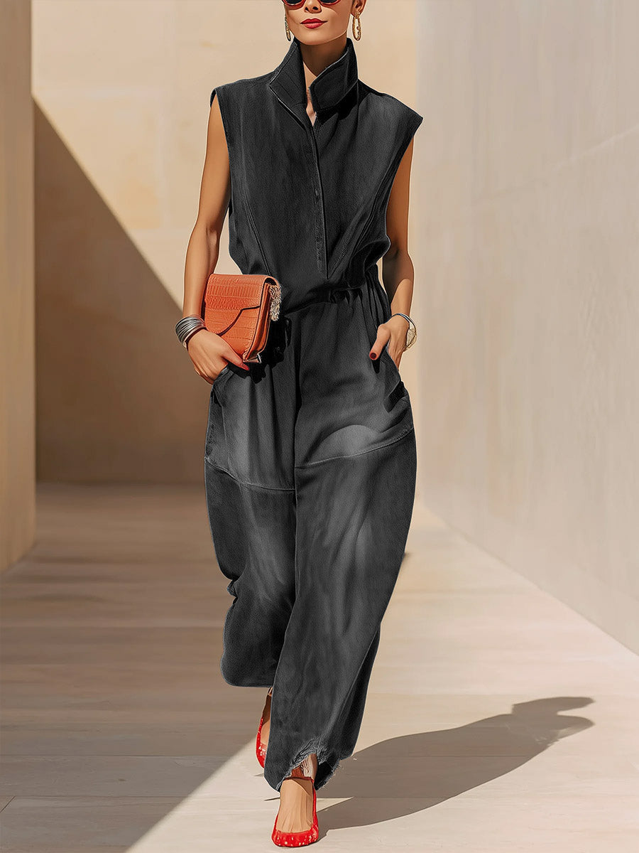 Women's Stand-up Collar Sleeveless Casual Loose Denim Jumpsuit