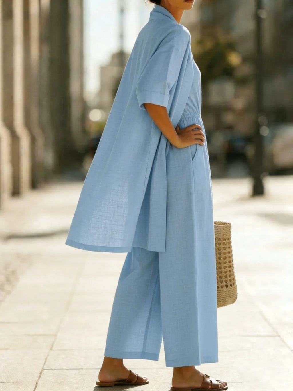 Minimalist Cozy Jumpsuit And Cardigan Linen Cotton Two-piece Set