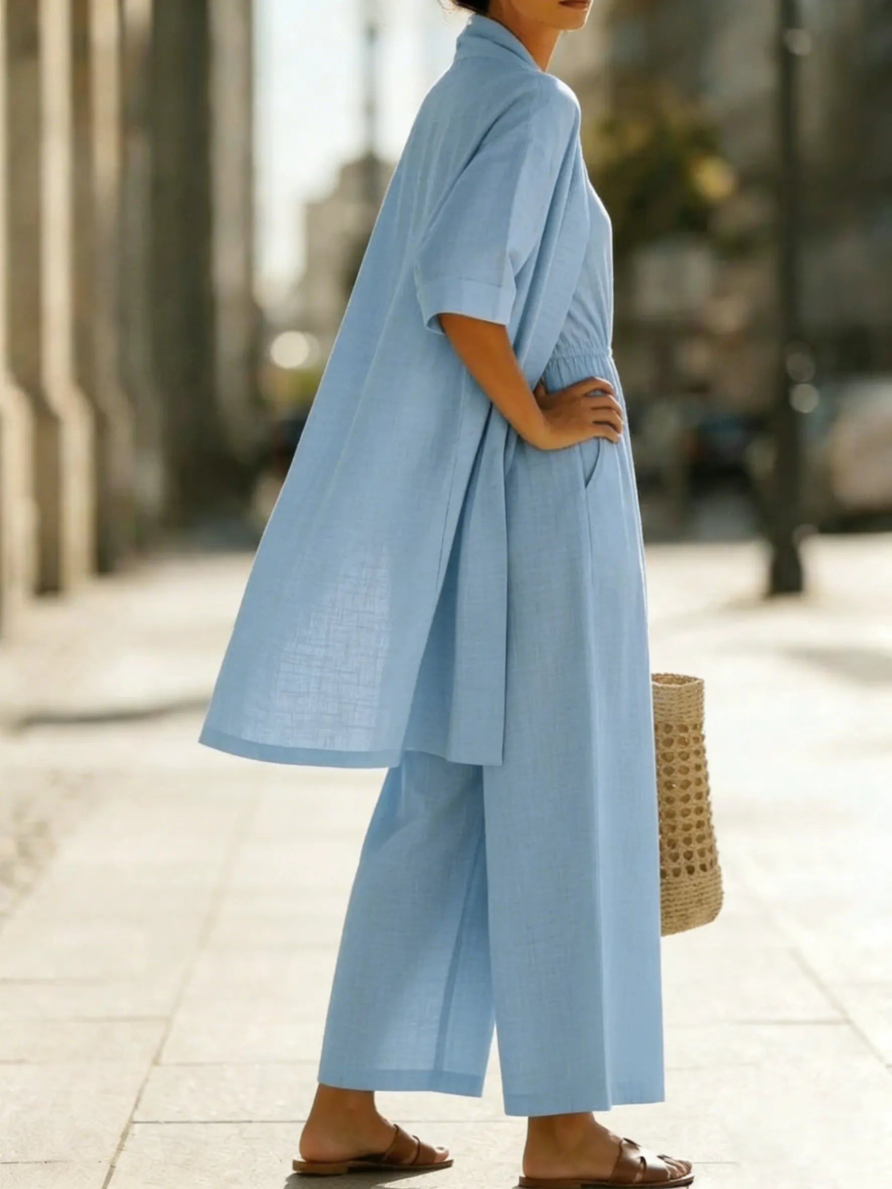 Minimalist Cozy Jumpsuit And Cardigan Linen Cotton Two-piece Set