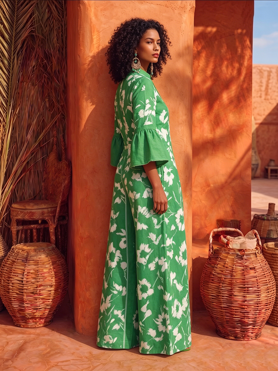 Retro Vacation-style Ruffled Cotton-linen Wide-leg Jumpsuit