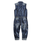 Washed And Worn Denim Straight Loose Fitting Suit Jumpsuit