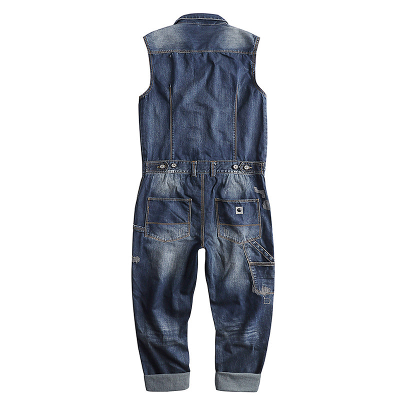 Washed And Worn Denim Straight Loose Fitting Suit Jumpsuit