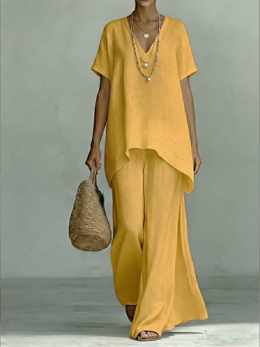 Classic Casual Short-sleeved Linen And Cotton Top And Wide-leg Pants Two-piece Set