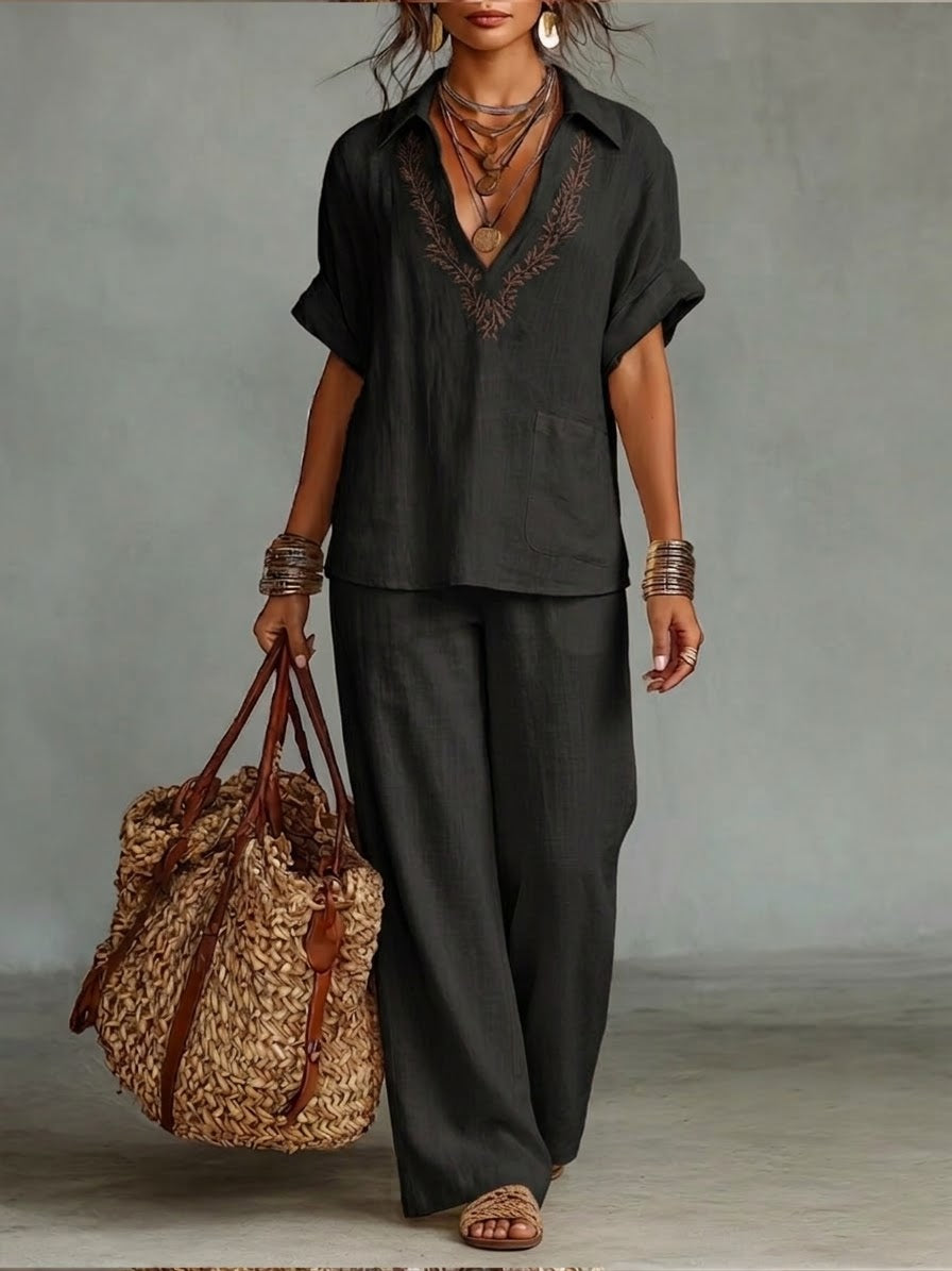 Casual Linen And Cotton Shirt And Trousers Two-piece Set