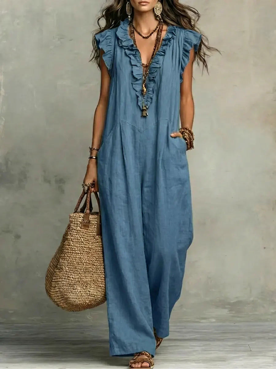 Women's Solid Color Ruffled Art Casual Stylish Cotton Linen Jumpsuit