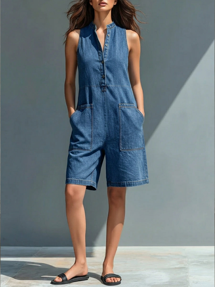 Casual Sleeveless Denim Jumpsuit Shorts