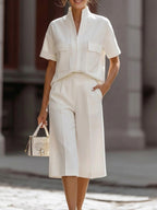 Women's V-neck Short-sleeved Casual Loose Cotton Linen Top And High-waisted Casual Loose Wide-leg Pants Cotton Linen Set