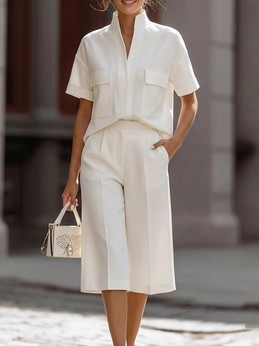Women's V-neck Short-sleeved Casual Loose Cotton Linen Top And High-waisted Casual Loose Wide-leg Pants Cotton Linen Set