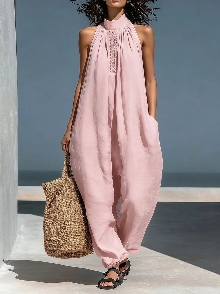 Women's Stand-up Collar Sleeveless Casual Loose Cotton And Linen Wide-leg Jumpsuit