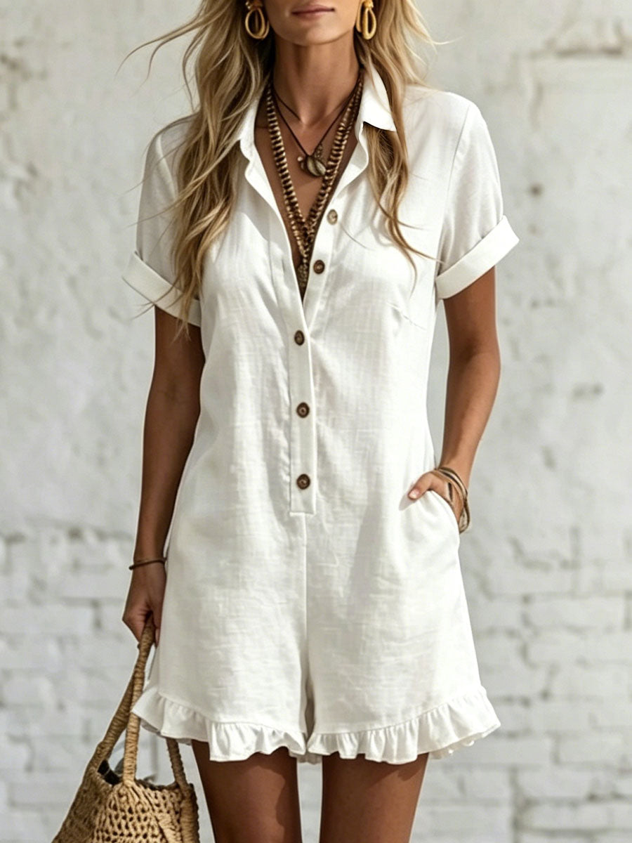 Women's Short-sleeve Shirt Romper â Pleated Cotton-linen Jumpsuit