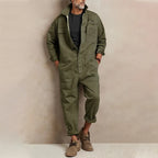 Vintage Single Breasted Lapel Long Sleeve Cotton Loose Jumpsuit