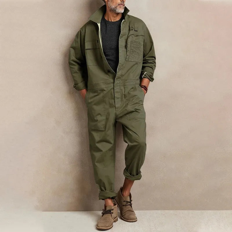 Vintage Single Breasted Lapel Long Sleeve Cotton Loose Jumpsuit