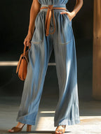 Women's Casual Stylish Lapel Short Sleeve Denim Jumpsuit