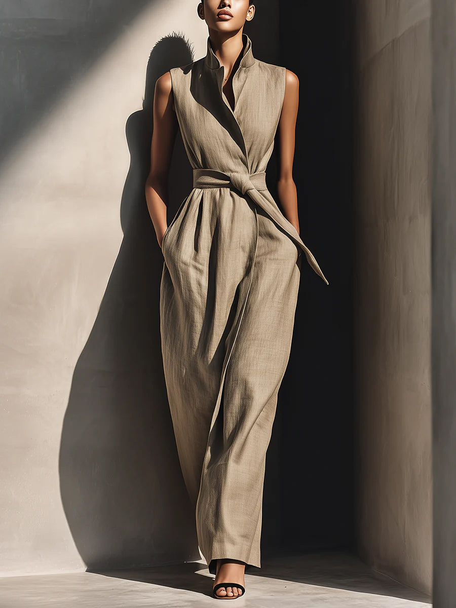 Elegant Collared Sleeveless Linen Cotton Jumpsuit