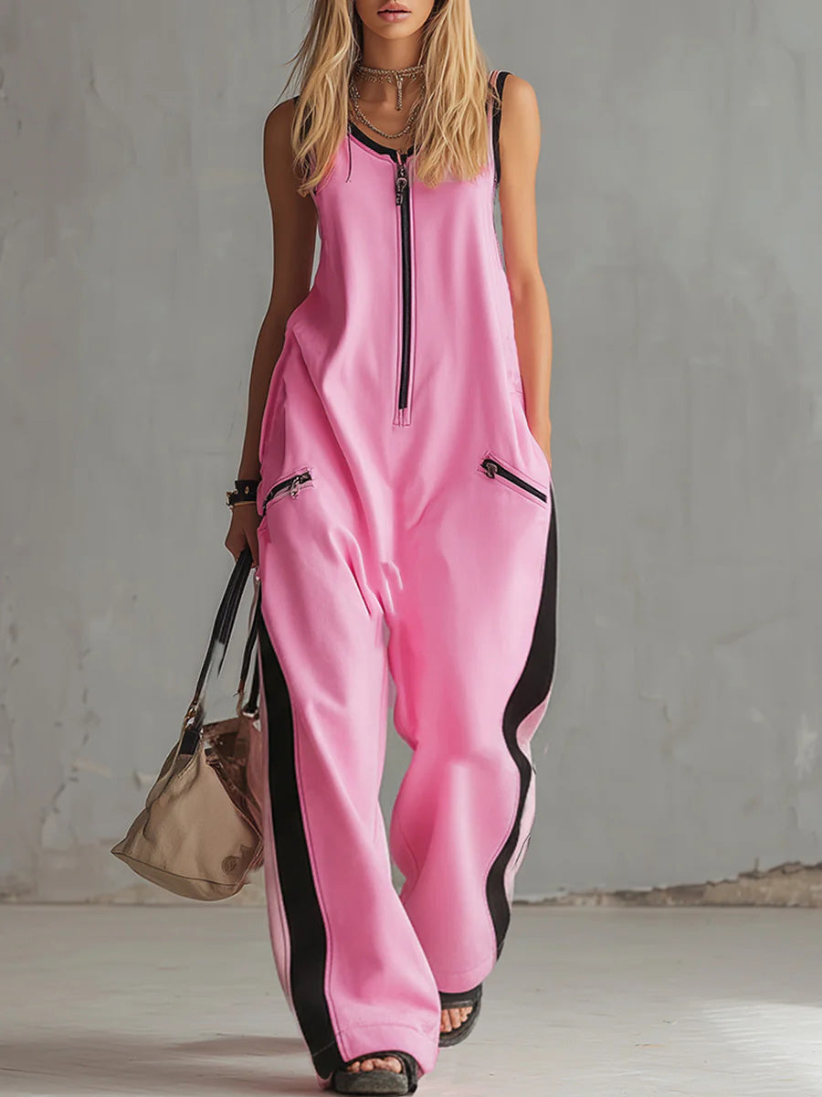 Women's Round Neck Sleeveless Casual Loose-fitting Cotton Wide-leg Jumpsuit