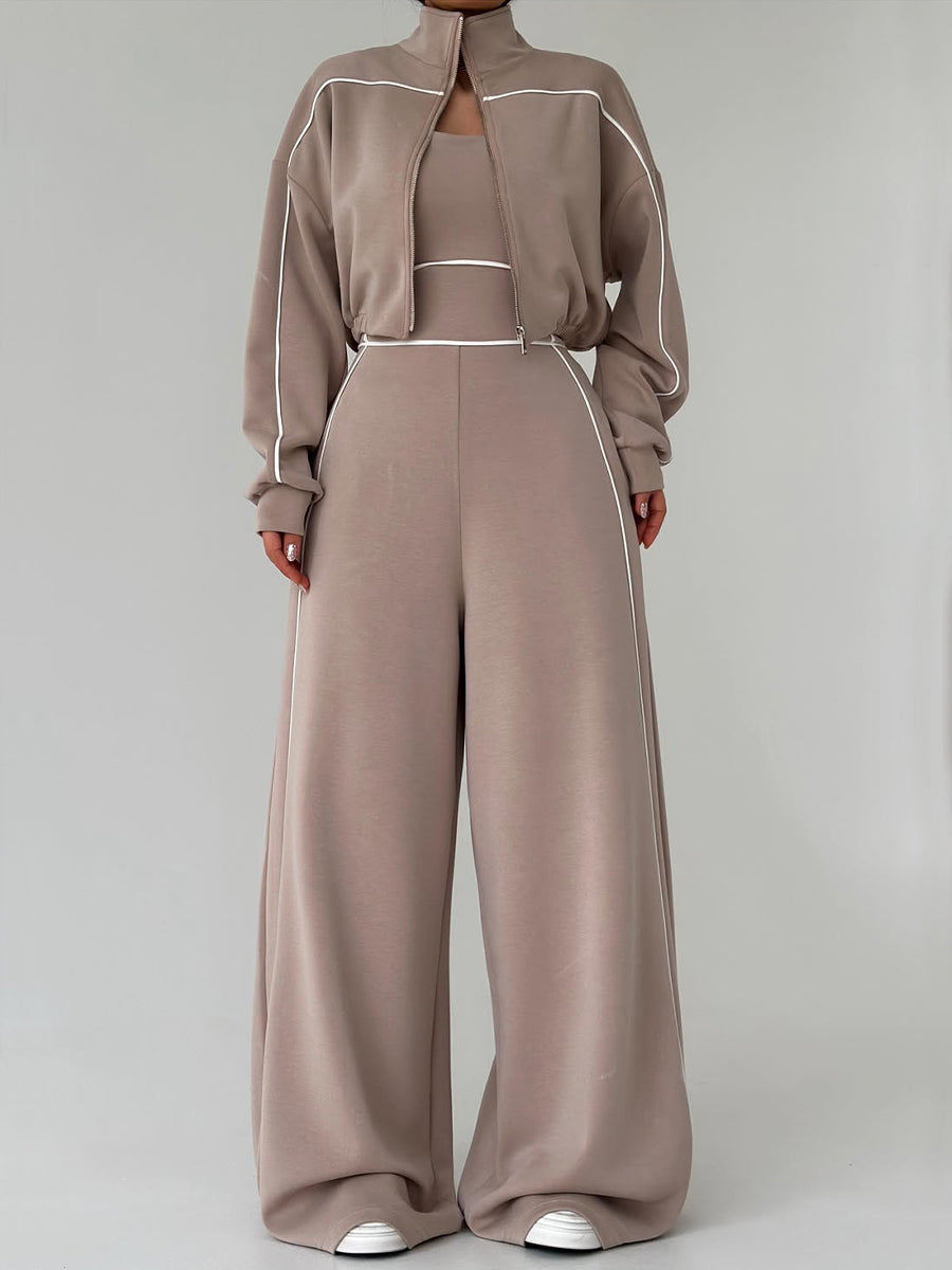 Casual And Cozy Cotton Zip-up Jacket And Jumpsuit Two-piece Set