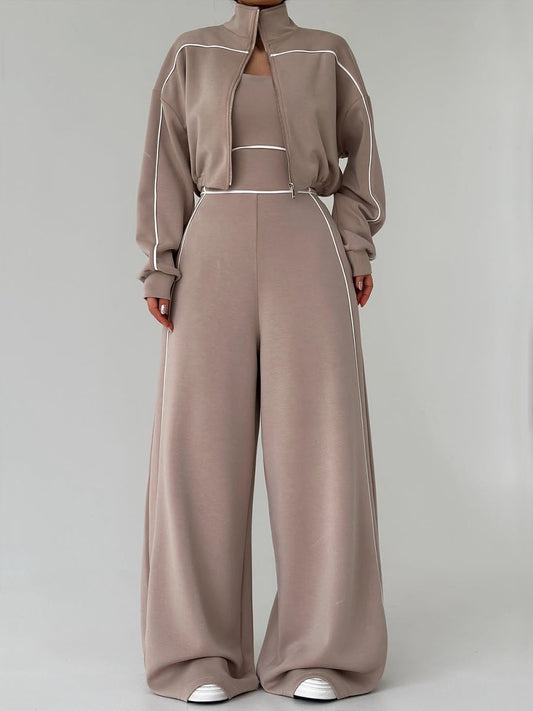 Casual And Cozy Cotton Zip-up Jacket And Jumpsuit Two-piece Set