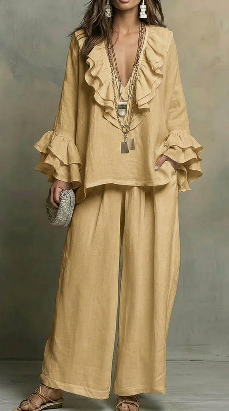 Women's Flowy V-neck Ruffled Cotton-linen Top And Wide-leg Pants Two-piece Set