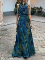 Two-piece Set: Stylish Artistic Print Top And Maxi Skirt