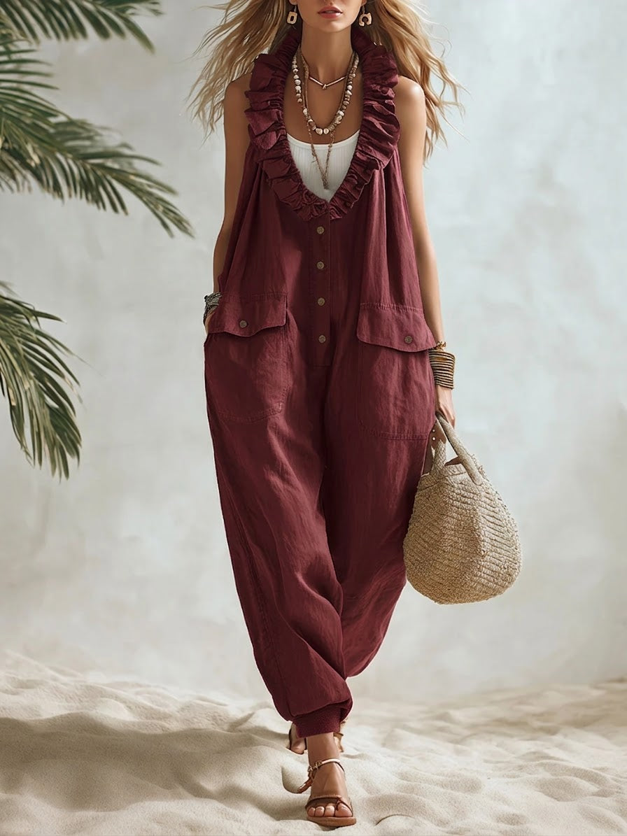 Casual Linen And Cotton Ruffled Collar Jumpsuit