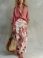 Women's Floral Casual Stylish Art Print Long Sleeve Shirt Top And Skirt Set