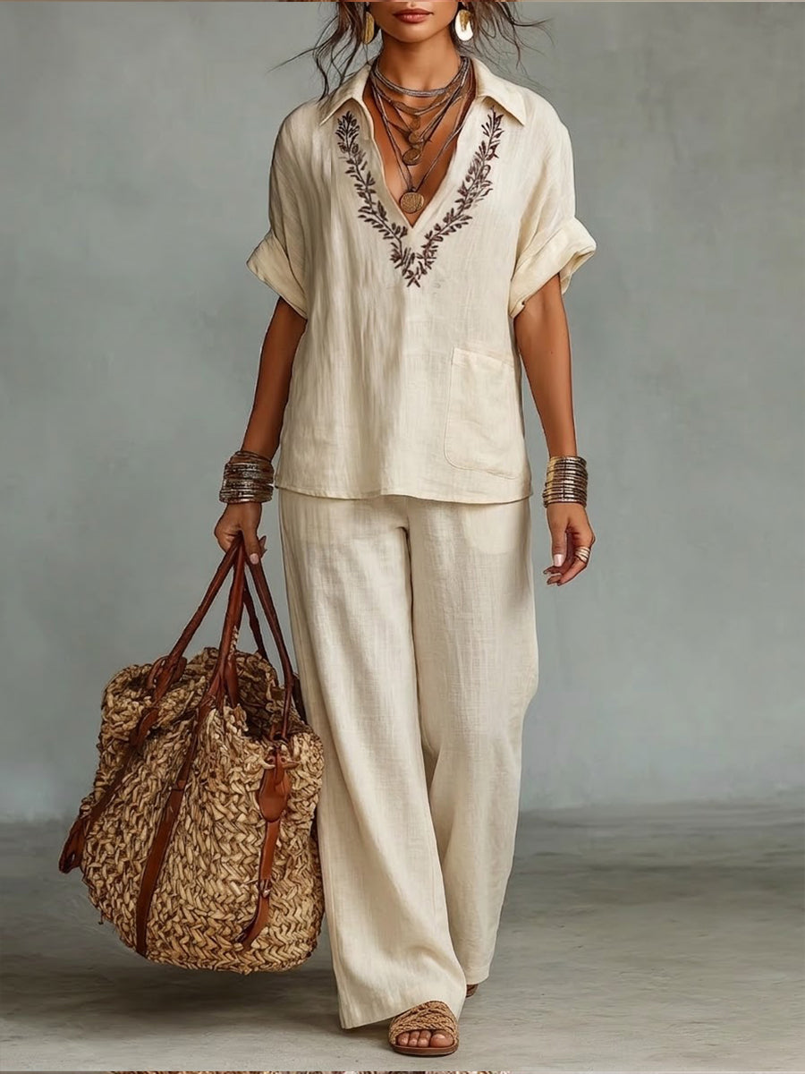 Casual Linen And Cotton Shirt And Trousers Two-piece Set