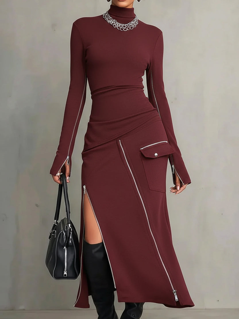 Stylish Casual Zipper Design Tops And Irregular Skirt Stretch Set
