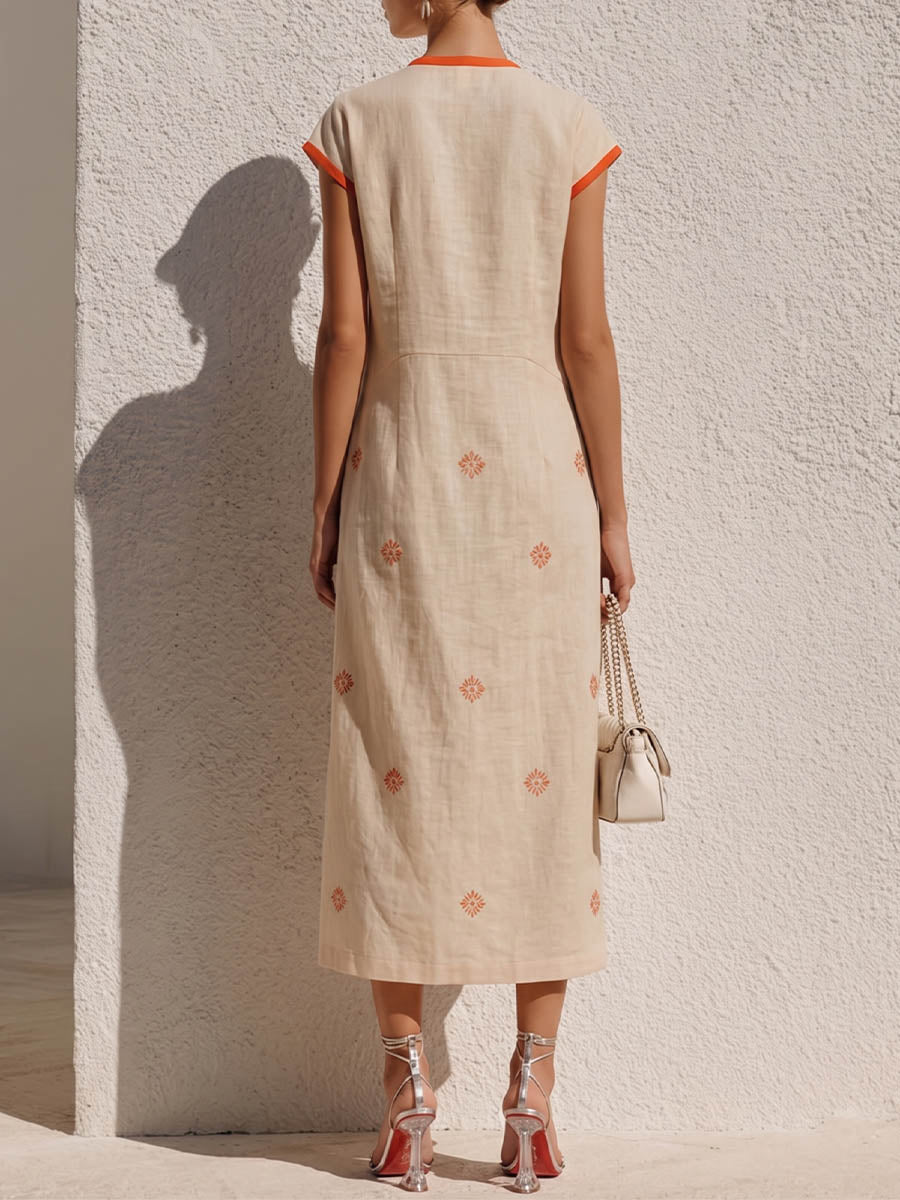Women's V-neck Short-sleeve Casual Loose Cotton-linen Dress