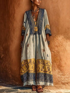 Women's Retro Bohemian Print V-neck Cotton-linen Jumpsuit