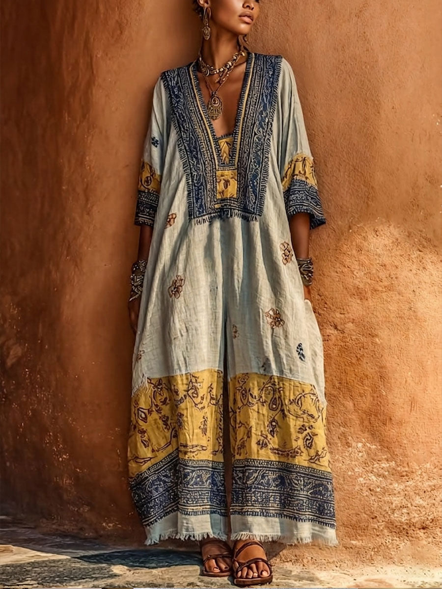 Women's Retro Bohemian Print V-neck Cotton-linen Jumpsuit