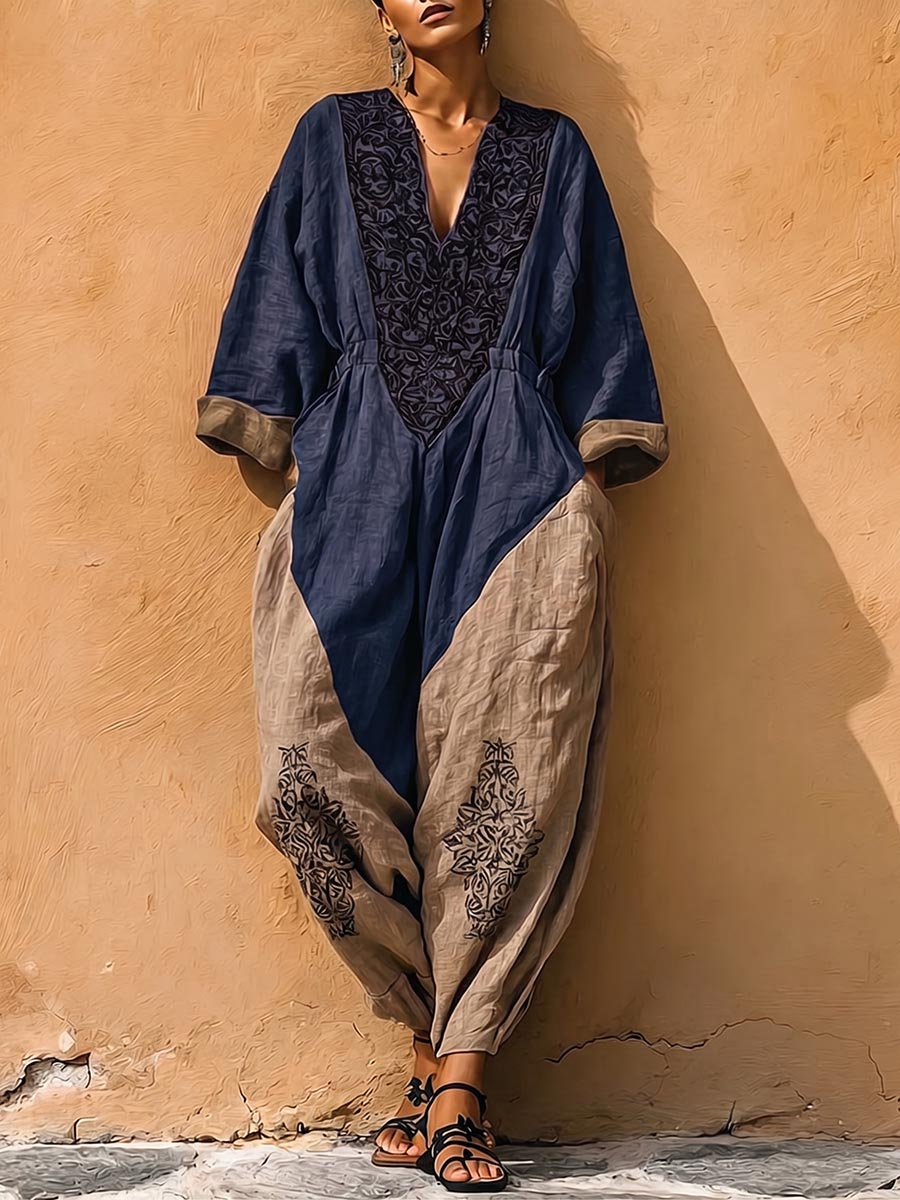 Women's V-neck Long-sleeve Casual Loose Cotton-linen Jumpsuit With Contrast Print