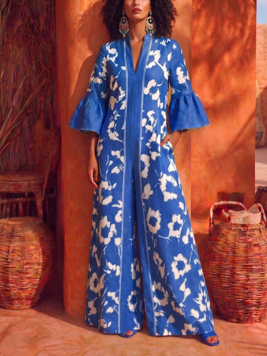 Retro Vacation-style Ruffled Cotton-linen Wide-leg Jumpsuit