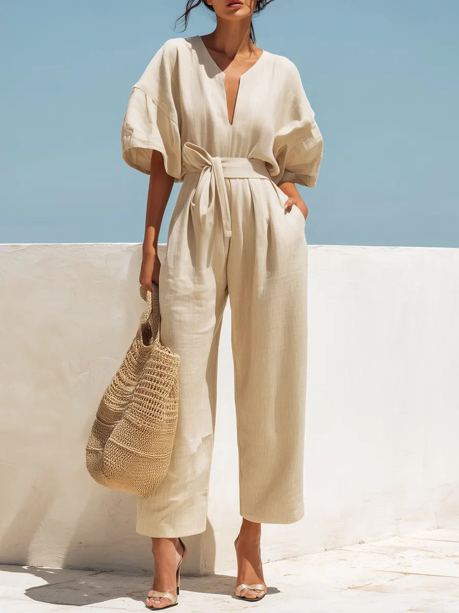 Women's Solid Color Stylish Casual Cotton Linen Jumpsuit