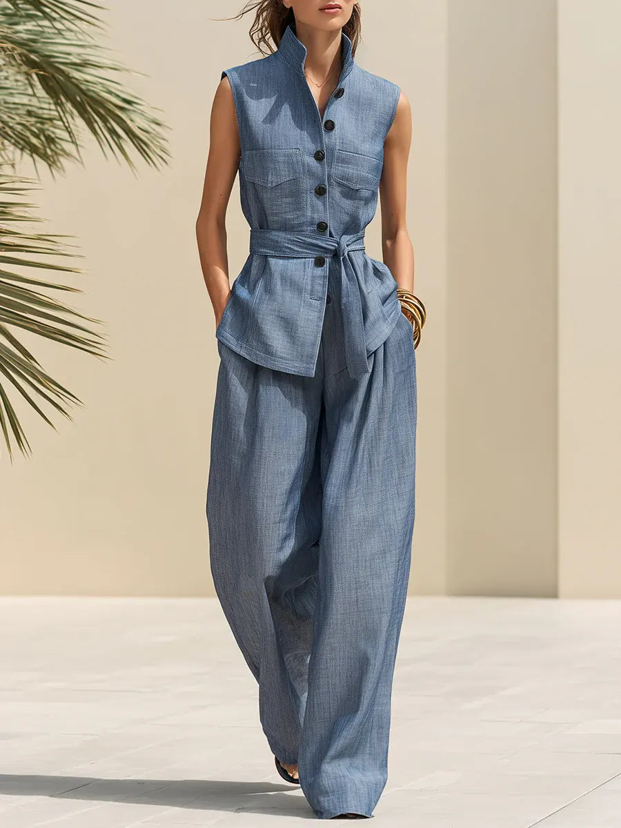 Casual Vacation Light Cotton And Linen Top And Wide-leg Pants Set