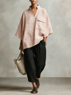 Elegant Stand-up Collar Loose Linen Cotton Two-piece Set