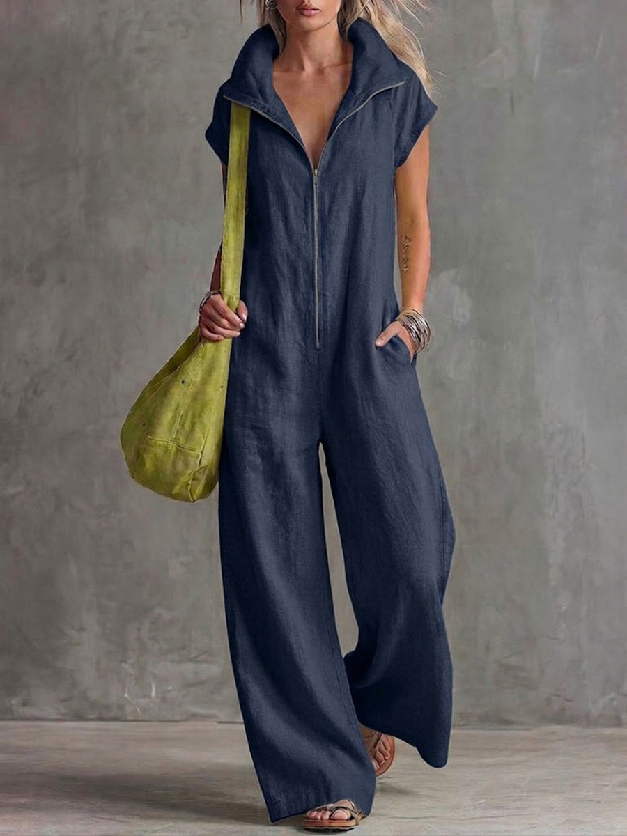 Women's Solid-color Lapel Short-sleeve Casual Loose Cotton-linen Wide-leg Jumpsuit
