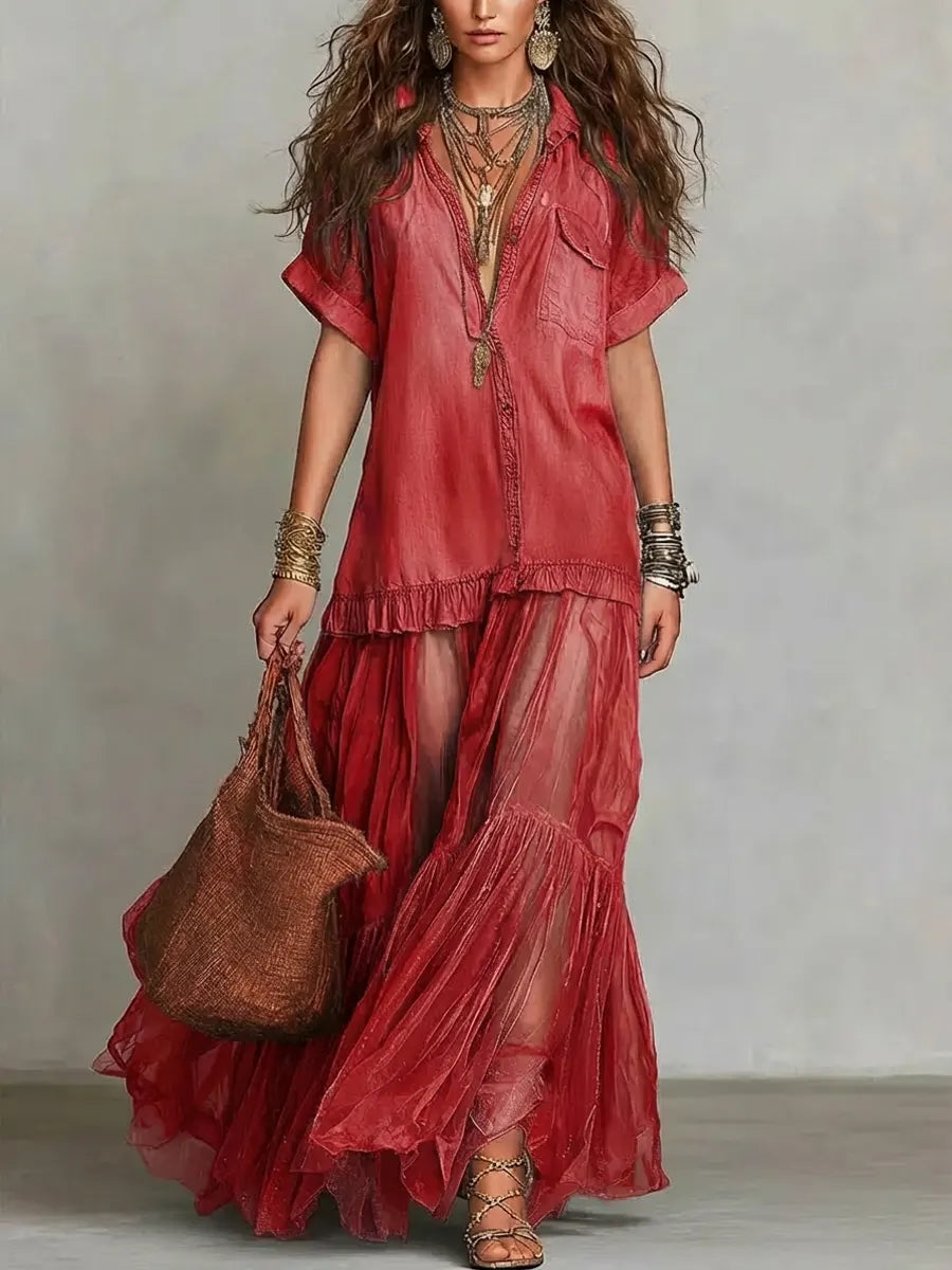 Women's Retro Lapel Denim Organza Patchwork Art Casual Maxi Dress