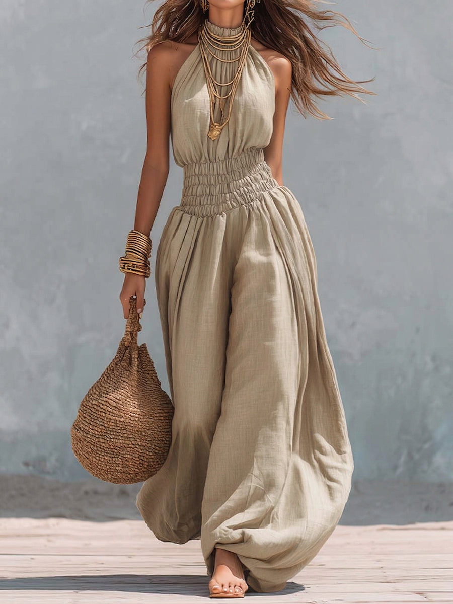 Retro Halter-neck Elasticized Waist Jumpsuit