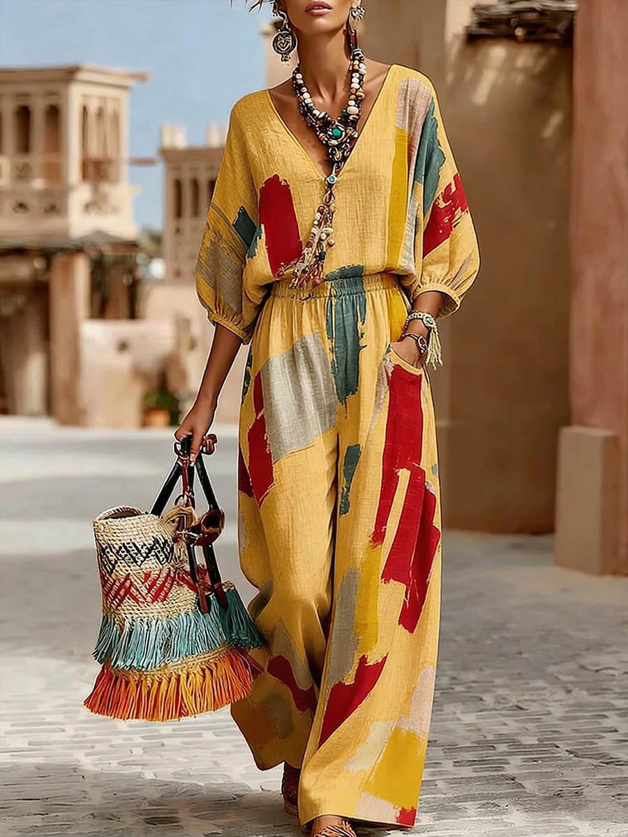 Women's Abstract Print V-neck 3/4-sleeve Casual Loose Cotton-linen Jumpsuit