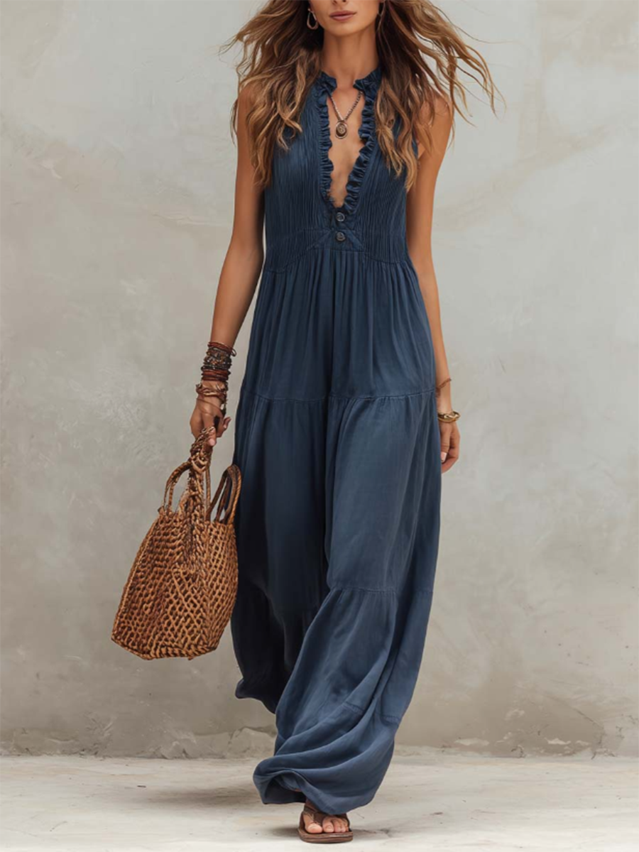 Sexy Ruffled Deep V-neck Jumpsuit