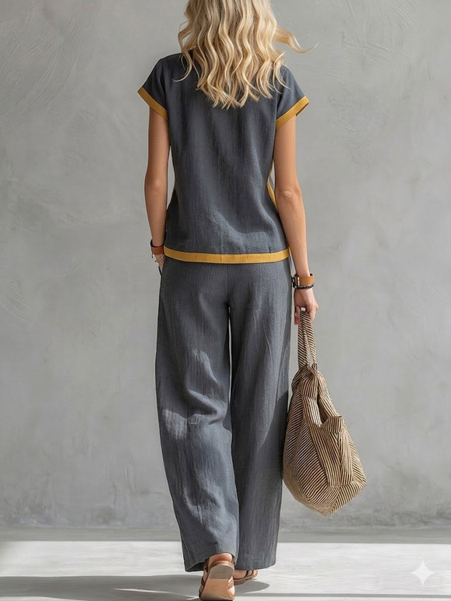 Women's Square Neck Short Sleeve Casual Loose Top High Waist Casual Loose Wide Leg Pants Cotton Linen Set