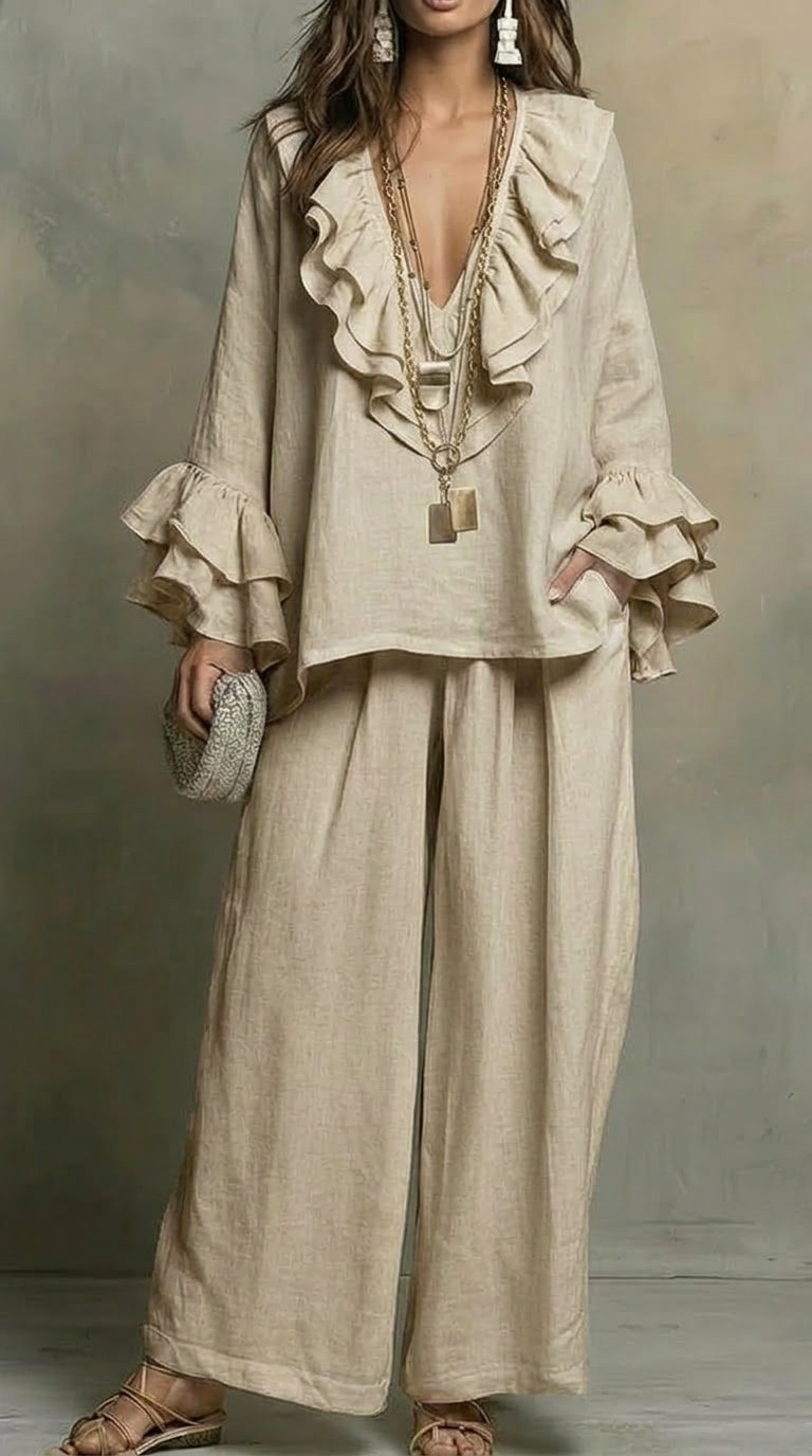 Women's Flowy V-neck Ruffled Cotton-linen Top And Wide-leg Pants Two-piece Set