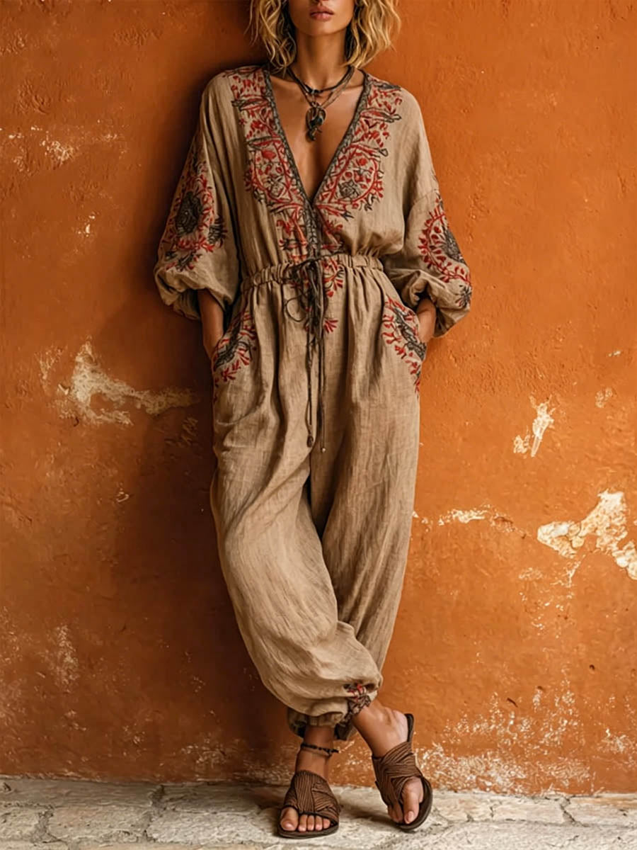 Women's V-Neck Long-Sleeve Casual Loose Cotton-Linen Jumpsuit with Placement Print