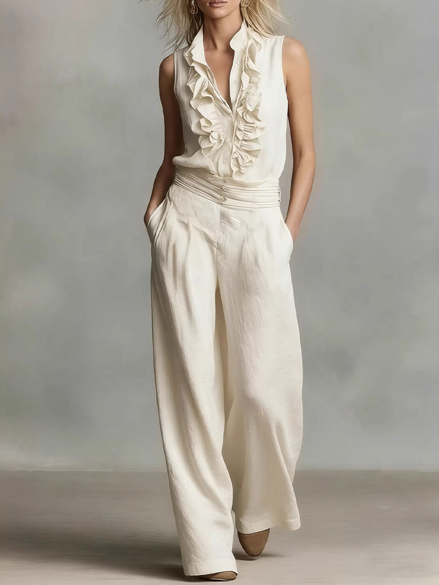 Women's Simple Linen Sleeveless Casual Shirt And Wide-leg Pants Set
